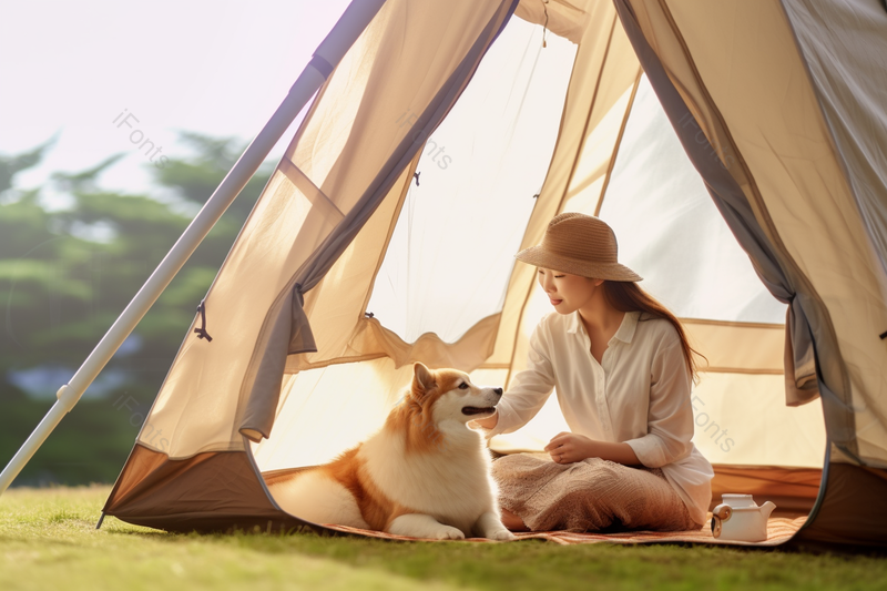 青年女性带狗公园野餐露营户外摄影,高清,摄影图,摄影图片,图片大全,摄影图免费下载